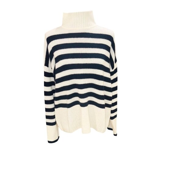 New Joie Women Navy White Striped Turtleneck Sweater 100% Cashmere L Sustainable - Picture 2 of 11